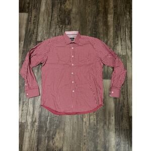 Bugatchi Red Plaid Men’s Shirt White Classic Fit Size Large L Button Down